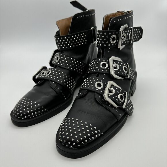 ZARA Ankle Boots  Leather Studded Strappy Zip Back Biker Size 40 - Picture 2 of 6